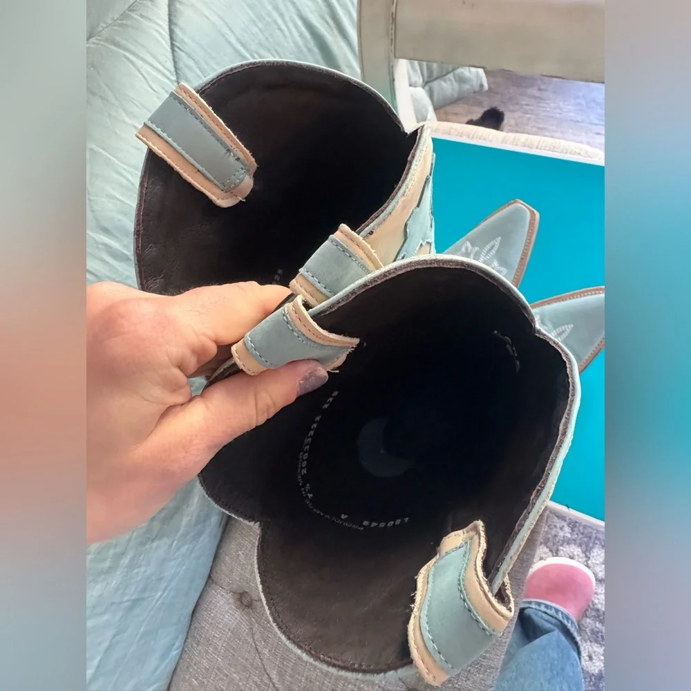 Lane Jolene Blue and Cream Floral Heeled Boots - Picture 8 of 13